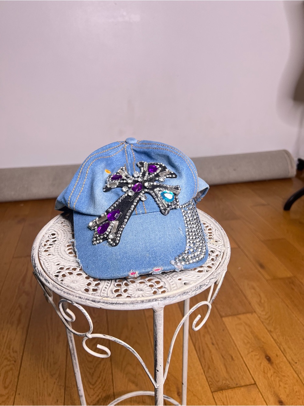 Women’s Denim Baseball Cap with Rhinestone Cross - Blue
